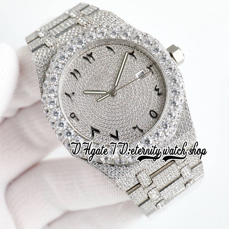 BZF sf15500 Giappone M8215 Orologio da uomo automatico Iced Out Lunetta con diamanti grandi Quadrante con texture grigia Indicatori di bastoncini Diamanti in acciaio inossidabile Bracciale Gioielli l'eternità Orologi