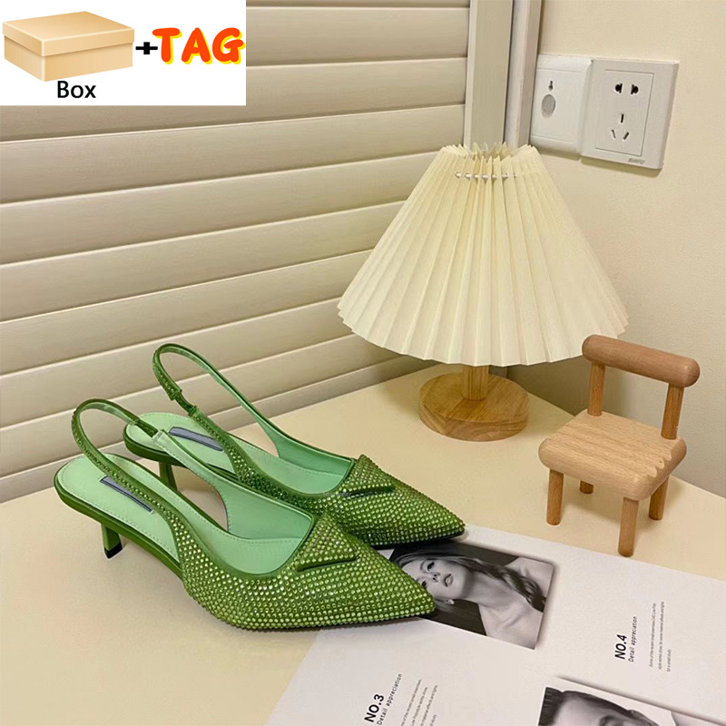 С коробкой роскошные женские сандалии одежда обувь Satin Slingback насосы с кристаллами 6,0 см на высоком каблуке зеленого черного бежевого дизайнера.