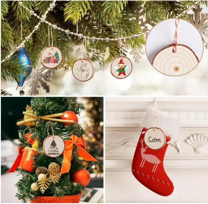 Party Decoration Christmas Ornaments Wood DIY Small Wooden Discs Circles Painting Round Pine Slices w/ Hole n Jutes