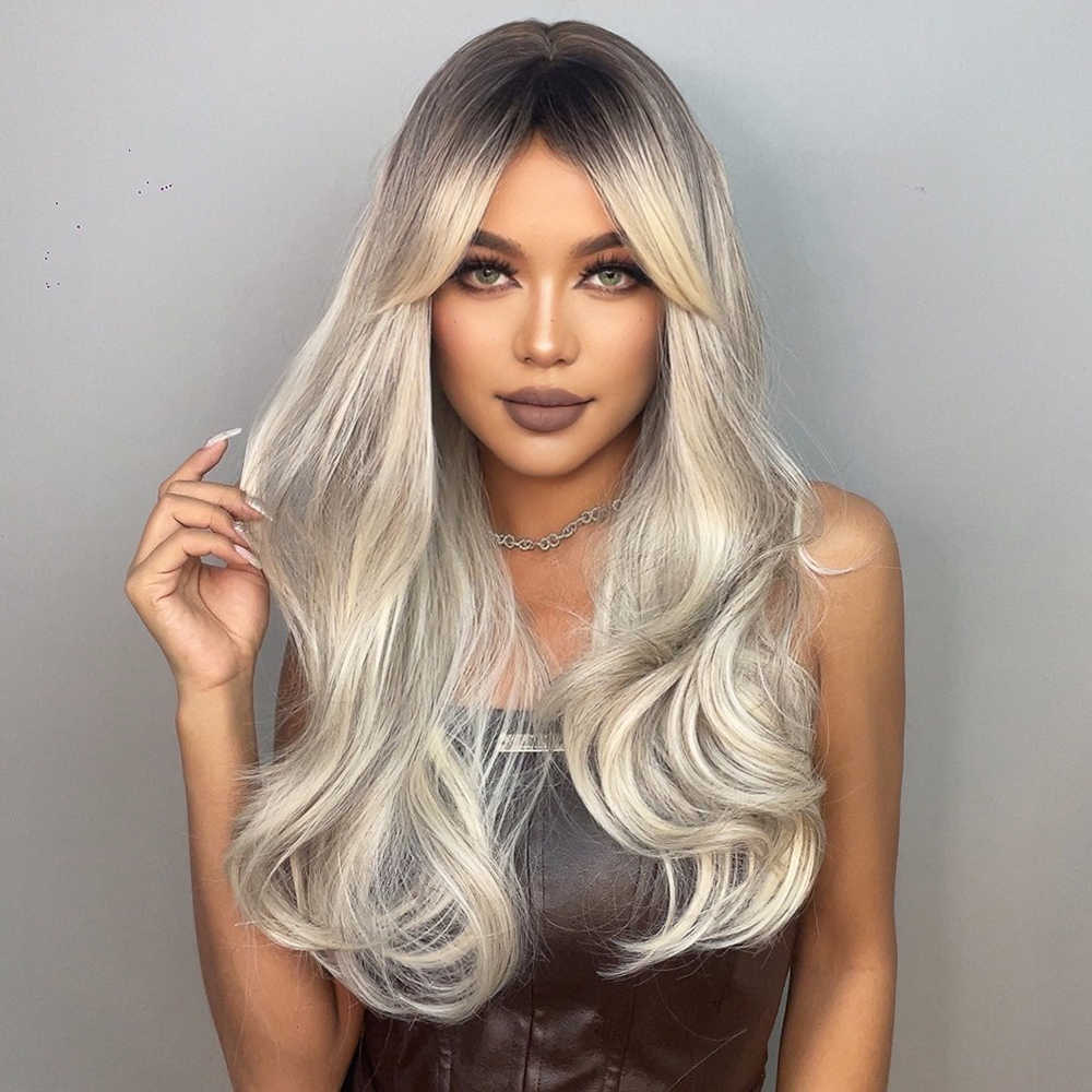 Synthetic Wigs Easihair Long Wavy Brown Grey White Ombre Synthetic Wigs with Bangs Women Cosplay Wig High Temperature Fiber Heat Resistant 230227