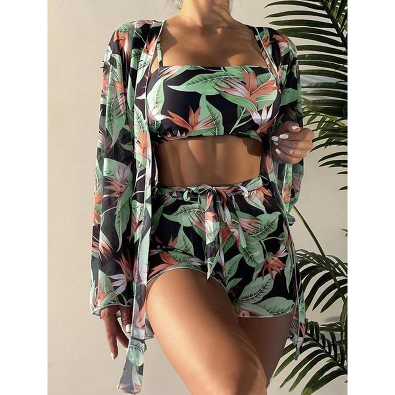 2023 neue Hohe Taille Bikini Set 3 Stück Frauen Sexy Langarm Cover Up Badeanzug Sommer Push-Up Strand Badeanzug bademode