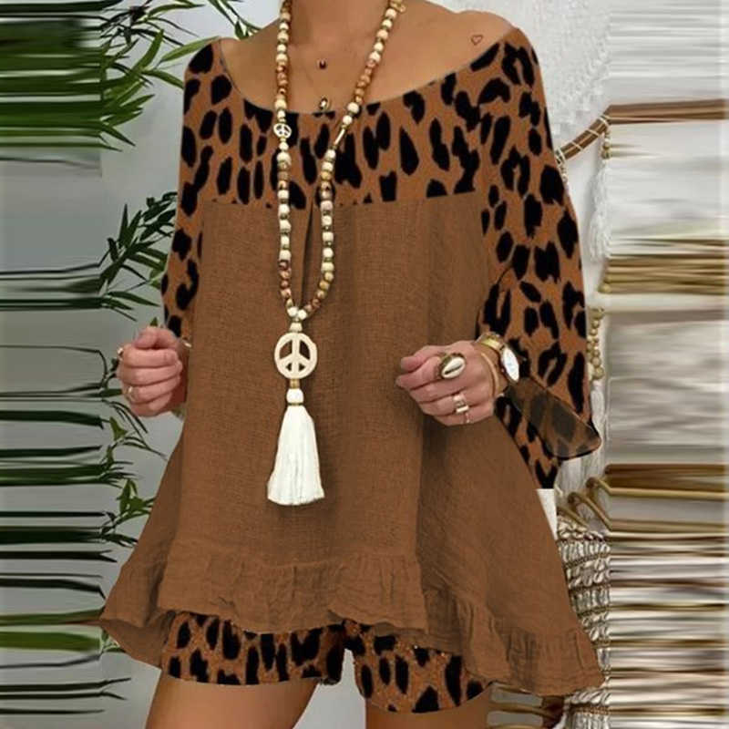 Tute da donna Summer Leopard Patchwork Completi Set Camicia in lino di cotone Top e pantaloncini larghi Abito casual manica 3/4 Vintage Donna due pezzi P230307