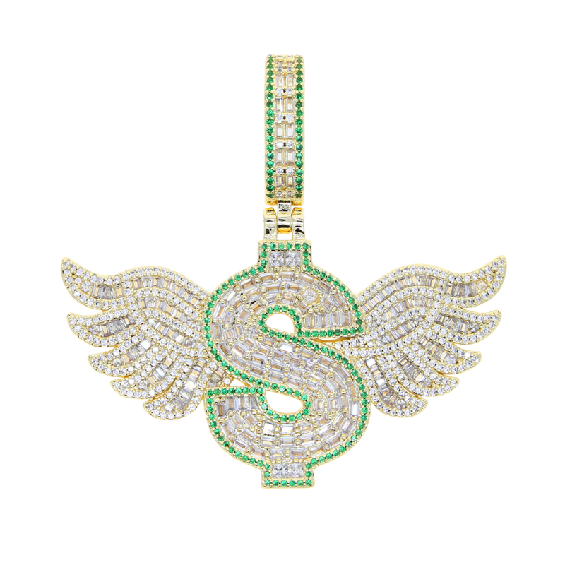 New Iced Out Bling Letra Símbolo Do Dólar Colar Pingente Banhado A Ouro CZ Zircônia Cúbica Asas Amuleto Homens Mulheres Jóias Hip Hop