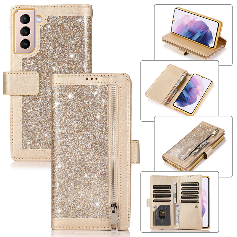 Wallet -telefoonhoesjes voor Samsung S23 plus A13 A33 A53 5G S21 S22 S22 iPhone 14 Pro Max 13 Glitter PU Leather Flip Standstand Cover Case met ritssluiting en 9 kaartsleuven