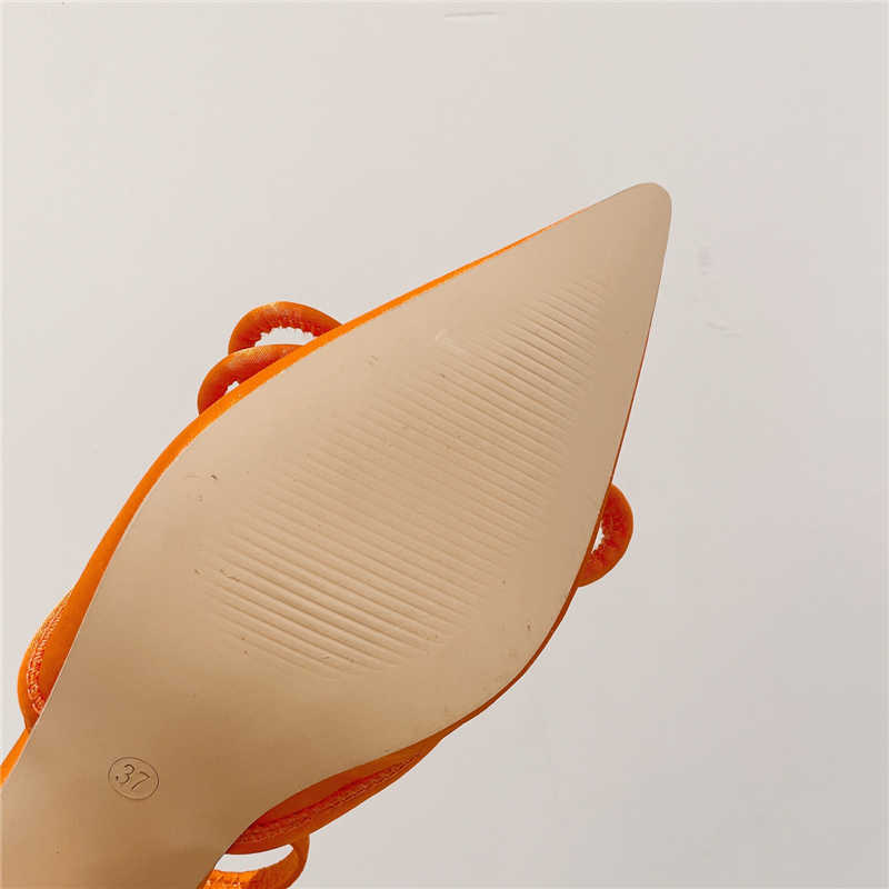 Sandalet 2022 Yeni Sonbahar Moda Kadın Düşük 3cm Yüksek Topuklu Turuncu Sandalet Bayan Zarif Yay-Düğüm Arkası Açık Katır Yeşil Lüks Düğün Ayakkabı G230321