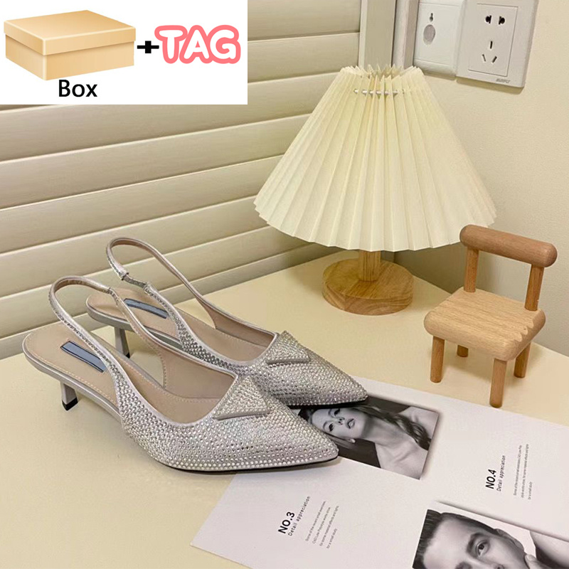 with box Designer women Dress Shoes Satin slingback pumps with Crystals 6.0cm High-Heeled Green black beige fashion womens party womens wedding shoe EUR 34-40