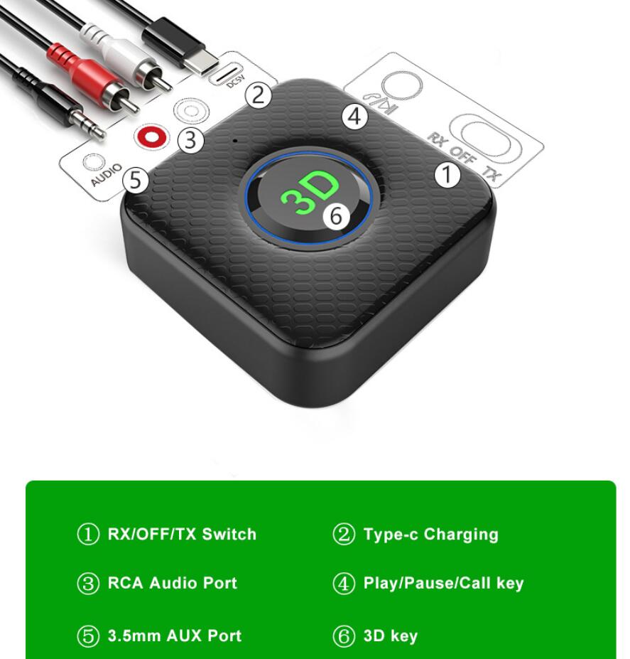 Transmissor de transmissão 3D FM Bluetooth estéreo aux de 3,5 mm Jack RCA Adaptador de áudio sem fio dongle com microfone para TV PC Car Speaker BT 5.0 Receptor