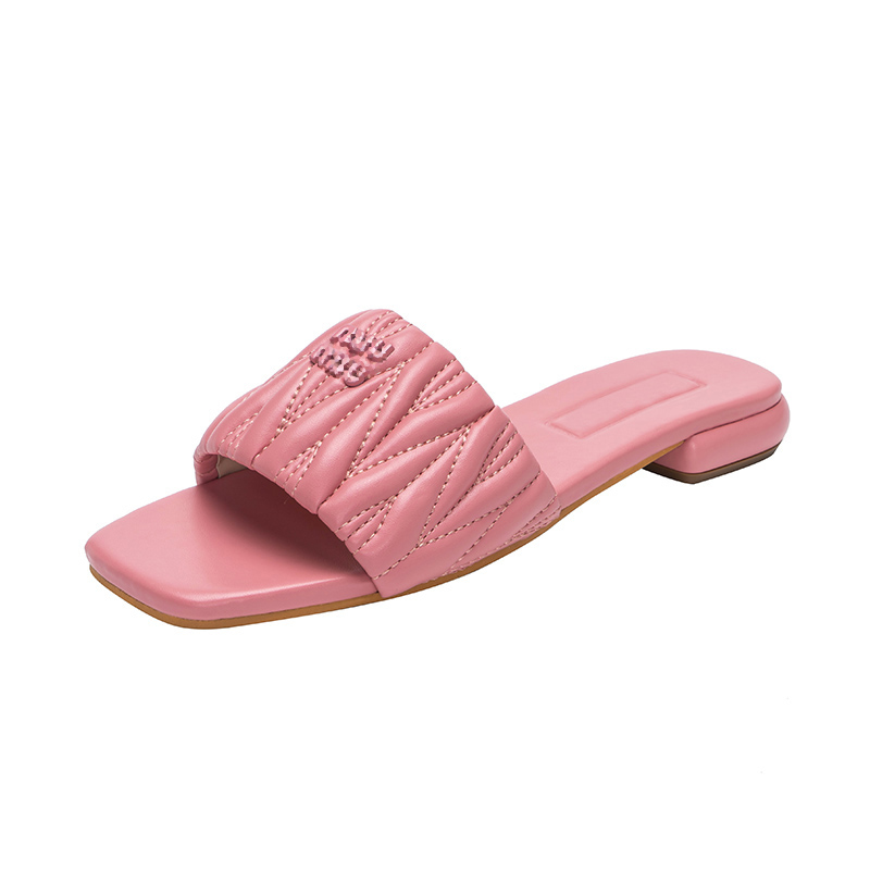 Designer miu Slides Slippers Women Embroidered Metallic Slide Sandals Black Pink Beige Square Toe Heels Ladies Summer Beach Sandal Party Wedding Slipper