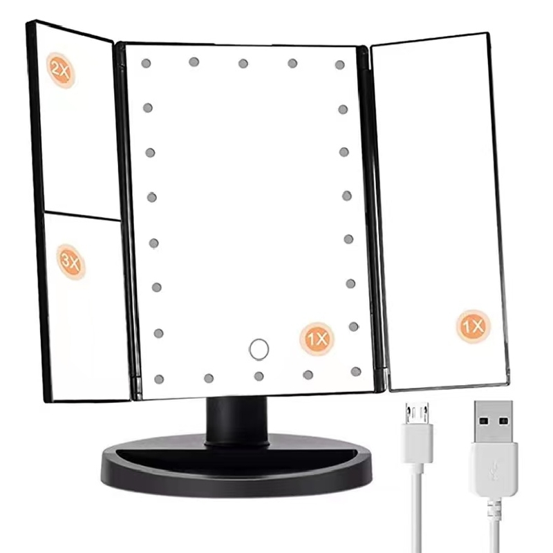 Infitrans 3 vouwen verlichte ijdelheid make -up compacte spiegel 1x/2x/3x vergroting 22 LED heldere tafel spiegels aanraakscherm 180 verstelbare rotatie draagbaar