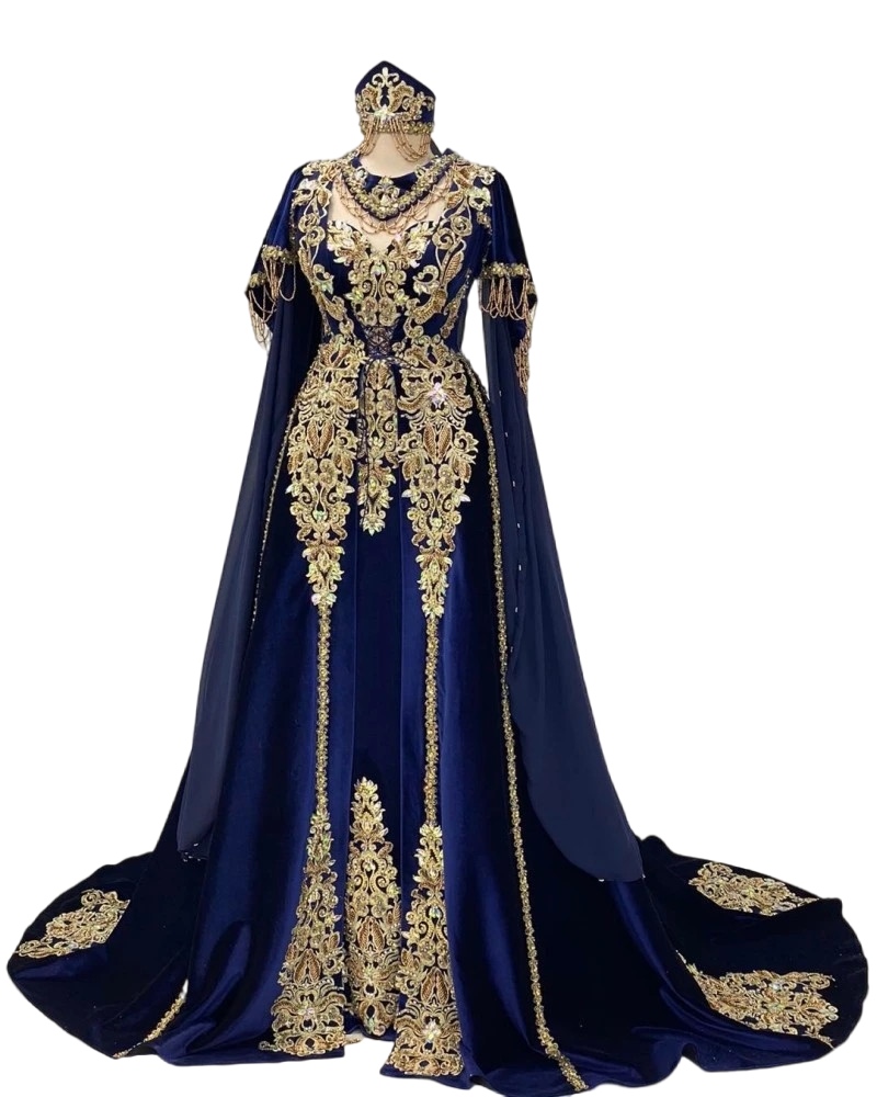 Navy Blue Middle East Evening Formal Dresses With Cape Long Sleeve Luxury Gold Applique Lace Marrocan Caftan Prom Occasion Dress