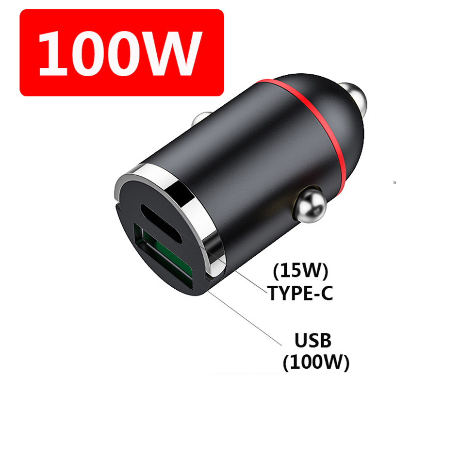 Chargeur de voiture 100W USB C Charge super rapide Multifonctionnel Cigarette Éclairage Type C PD Adaptateur Mini anneau de traction Chargeur de voiture