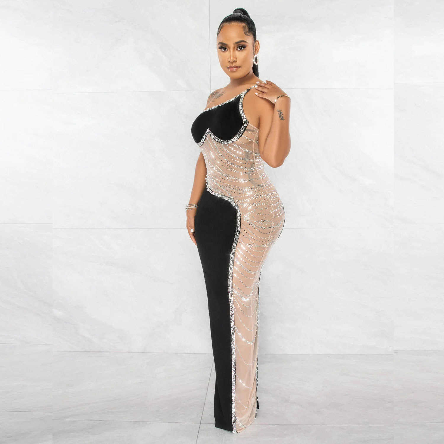 femmes de haute qualité robe sans manches fashions Sexy Pearl Hot Diamond Perspective Mesh Dress robes décontractées