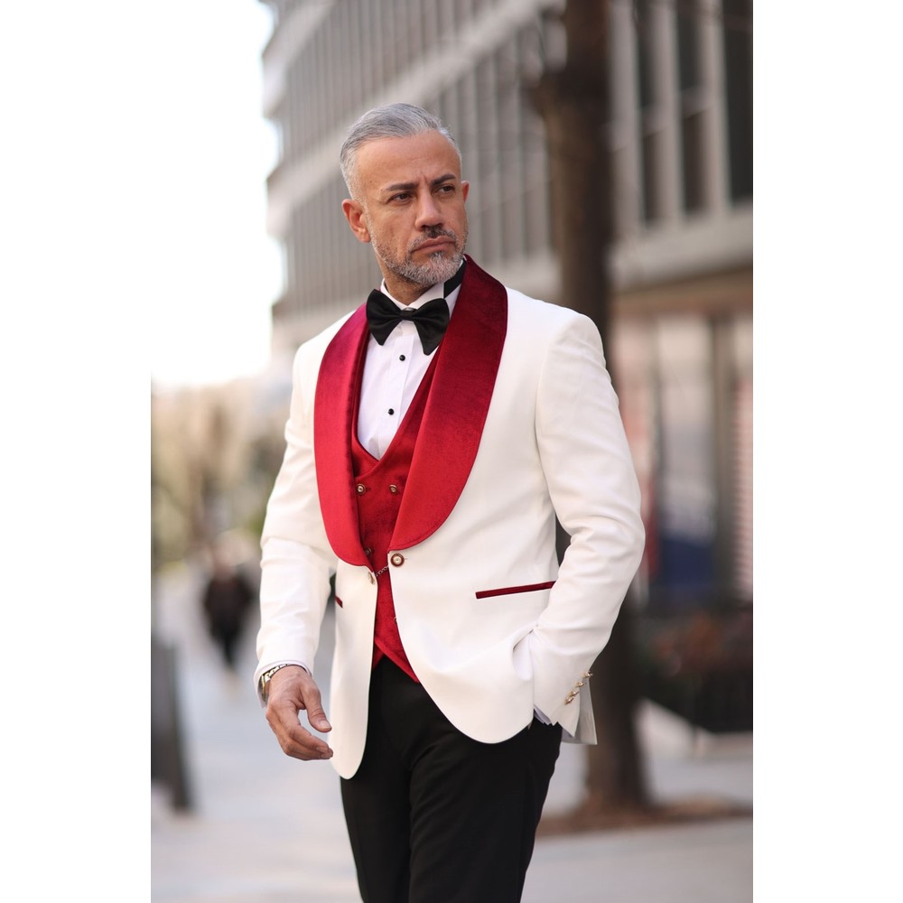Röda vita män bröllop smoking sammet sjal lapel mens tuxedos outfits affärsformell slitage jacka byxor kostymer 3 stycken