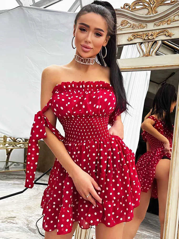 Casual Dresses CNYISHE Süßes Boho-Kleid Sexy süßes rotes Polka-Dot-Druck-Sommer-Sommerkleid Frauen gerafftes Kleid Roben Femme Party schulterfreie Kleider G230322