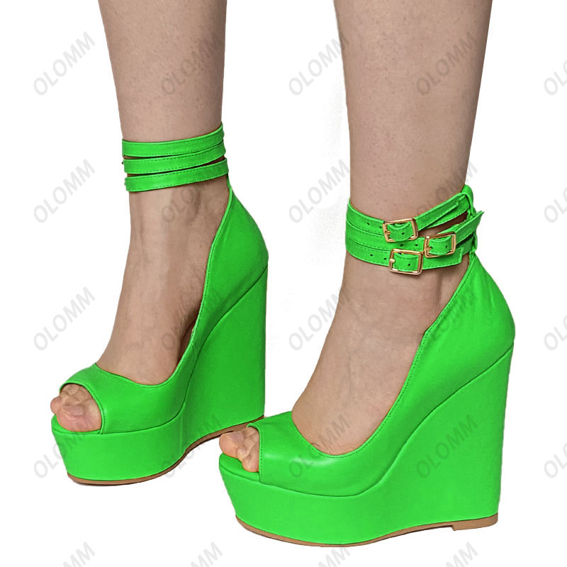 Olomm Handgemaakte Vrouwen Platform Pumps Enkelbandje Gesp Wiggen Hakken Peep Toe Geel Groen Casual Schoenen Vrouwen Plus Amerikaanse maat 5-20