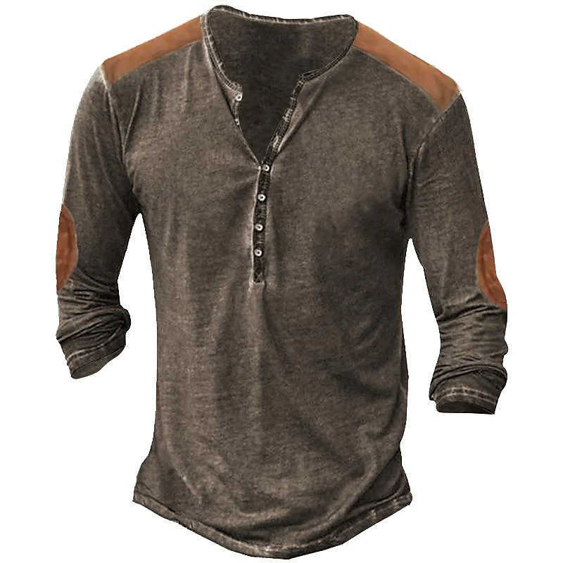 Men's T-Shirts Men's Retro Stitching Color Contrast Henley Long Sleeve T-Shirt For Men Spring Autumn Cotton Loose Tops Casual Tees EU Size 5XL W0322