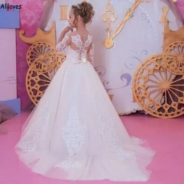 Pretty Lace Apliquesed Flower Girl Vestres com mangas compridas pescoço puro Princesa Tulle Ball vestido de festa para crianças meninas casamento Primeiro vestido de comunhão cl2055