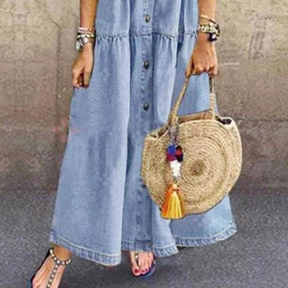 Повседневные платья Женские платья дамы летняя мода Ретро Женщины с коротким рукавом выключить кнопки для воротничков длинные джинсовые джинсы G230322