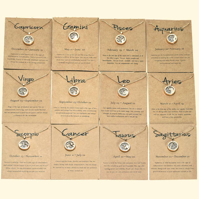Paare zwölf Konstellationen Anhänger Halskette Designer für Frau Tag und Nacht runde Legierung der Tierkreis Damen Herren vergoldete Kettenhalsketten Schmuck mit Karte