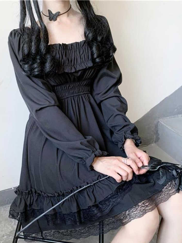 Casual Dresses Insdoit Lolita Gothic Black Corset Dress Women Vintage Lace Patchwork Ruched Eesthetic High midjeklänning Punk Party A-Line Dress G230322