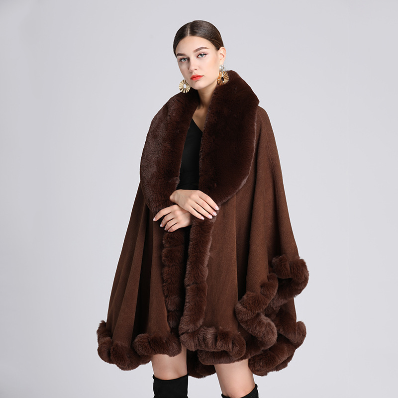 Winter Elegant V Lapel Faux Rex Rabbit Fur Coat Cape Winter Women Big Long Shawl Full Trim Fur Knit Cloak Overcoat Parka
