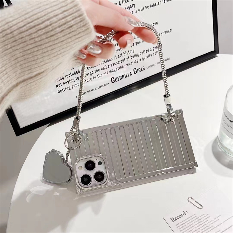 Stylowa srebrna obudowa telefoniczna z łańcuchem na iPhone 14 plus 13 12 11 Pro Max Luksusowa prosta krawędź miękka silikonowa torebka