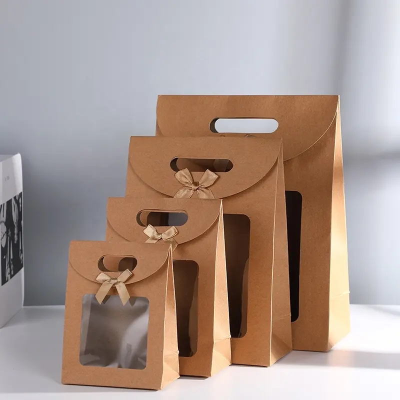 ギフトラップKraft Paper Bags PVC Window Portable Packagingバッグ
