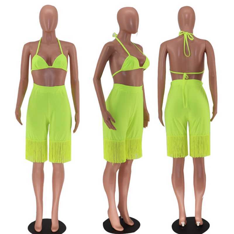 Survêtements pour femmes Neon Sexy Two Piece Set Femmes Club Tenues Beach Bikini Push Up Crop Top Shorts Set Party Tassel 2 pièces Ensembles d'été assortis P230320