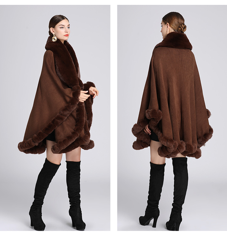 Winter Elegante V Revers Faux Rex Kaninchen Pelzmantel Cape Winter Frauen Große Lange Schal Volle Trim Pelz Stricken Mantel mantel Parka