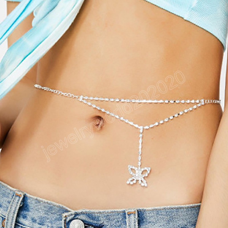 Cadena de cintura de mariposa con diamantes de imitación para mujer, cinturón, joyería para mujer, cadena de cristal para el cuerpo, Bikini, cadena para el vientre, joyería para el cuerpo de verano