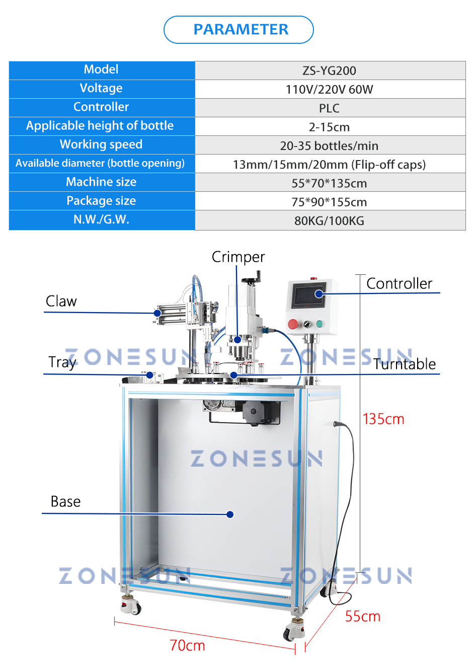 Zonesun Automatic Vial Machine Machine Glass Glass Sealer Flip-Off Caps Aluminium Pneumatic Durntable Zs-Yg200 Machine