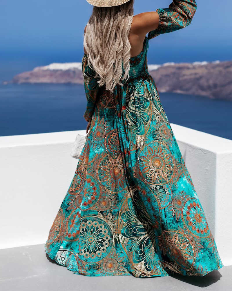 Robes de soirée Été Femmes Mode Vacances Robe de plage à manches longues en vrac imprimé tribal épaule corset fente vacances maxi 2022 nouveau Y2303