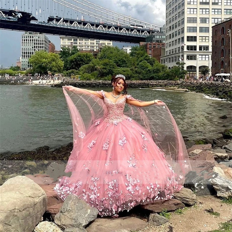 New Design 2023 Princess Quinceanera Dresses 3D Flowers Applique Lace-Up Beading Sweet 16 Dress Vestidos De 15 Anos Birthday