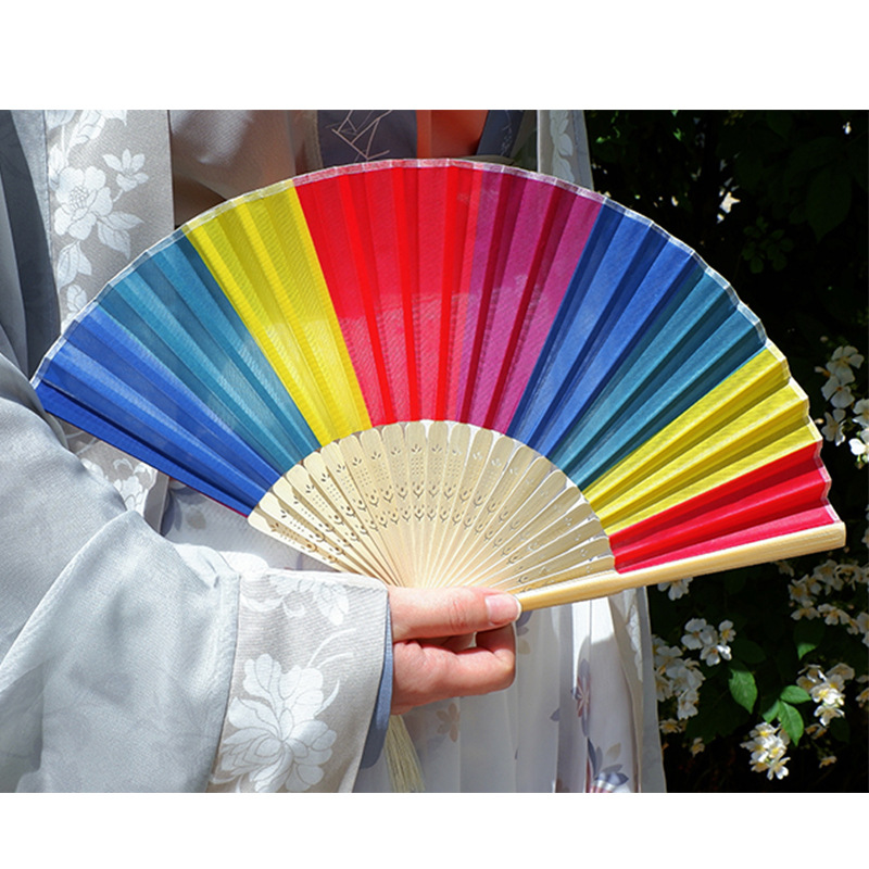 Rainbow Folding Fan Crafts Bamboo Silk Cloth Fan Festival Decoration Scena Performance Dance Fani 38*21 cm