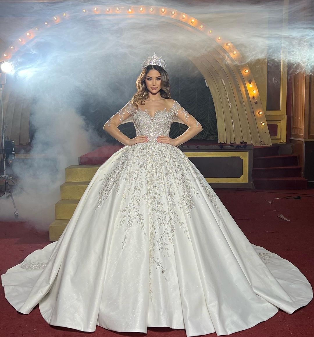 Znakomite koraliki arabskie sukienki ślubne Suknia balowa błyszcząca cekinowa aplikacja ślubna sukienka koronkowa