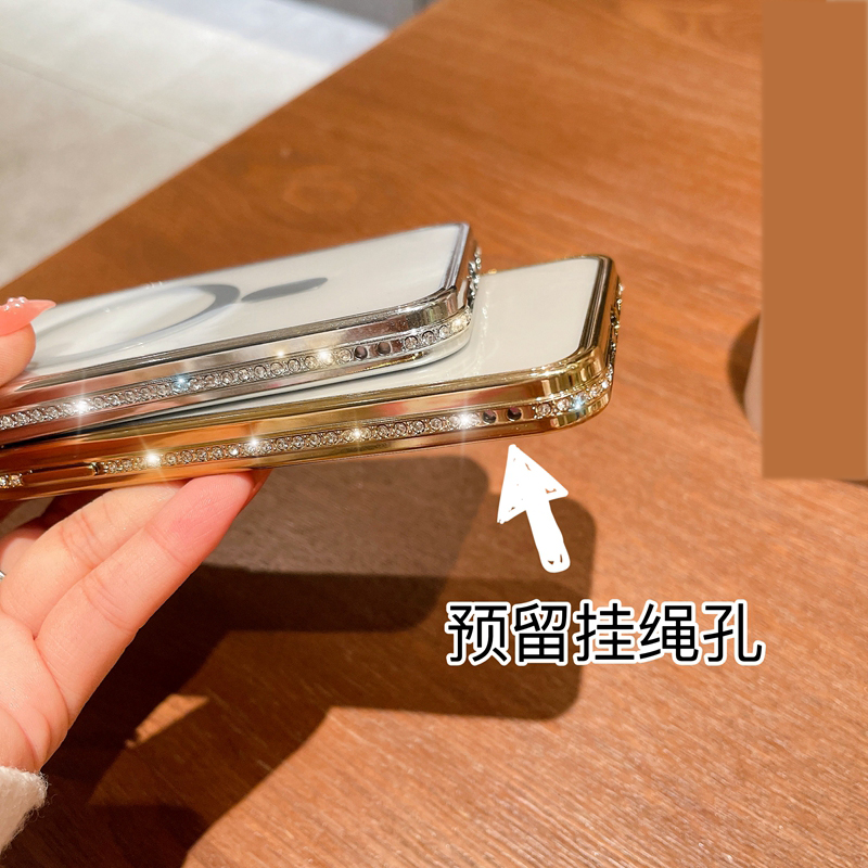 iPhone 15のキラキラダイヤモンド磁気ケース14 Pro Max Plus 13 12 11 Chromed Soft TPU Magnet Wireless Charging Luxury Metallic Rhinestone Fine Hole Phone Cover