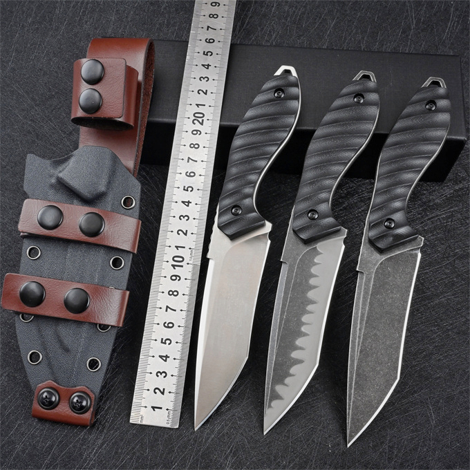 Factory Price High Quality M2 Survival Straight Knife Z-wear Stone Wash/Satin Tanto Blade Full Tang Black G10 Handle Fixed Blade Knives With Leather Kydex