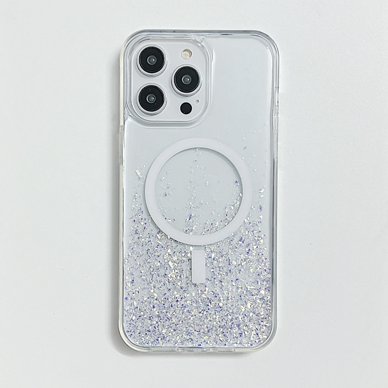 Magnet trådlöst laddningsfodral för iPhone 14 Pro max 13 pro mode bling glitter folie confetti hård dator plast tpu hållare droppande lim magnetisk telefon bakåt täckning