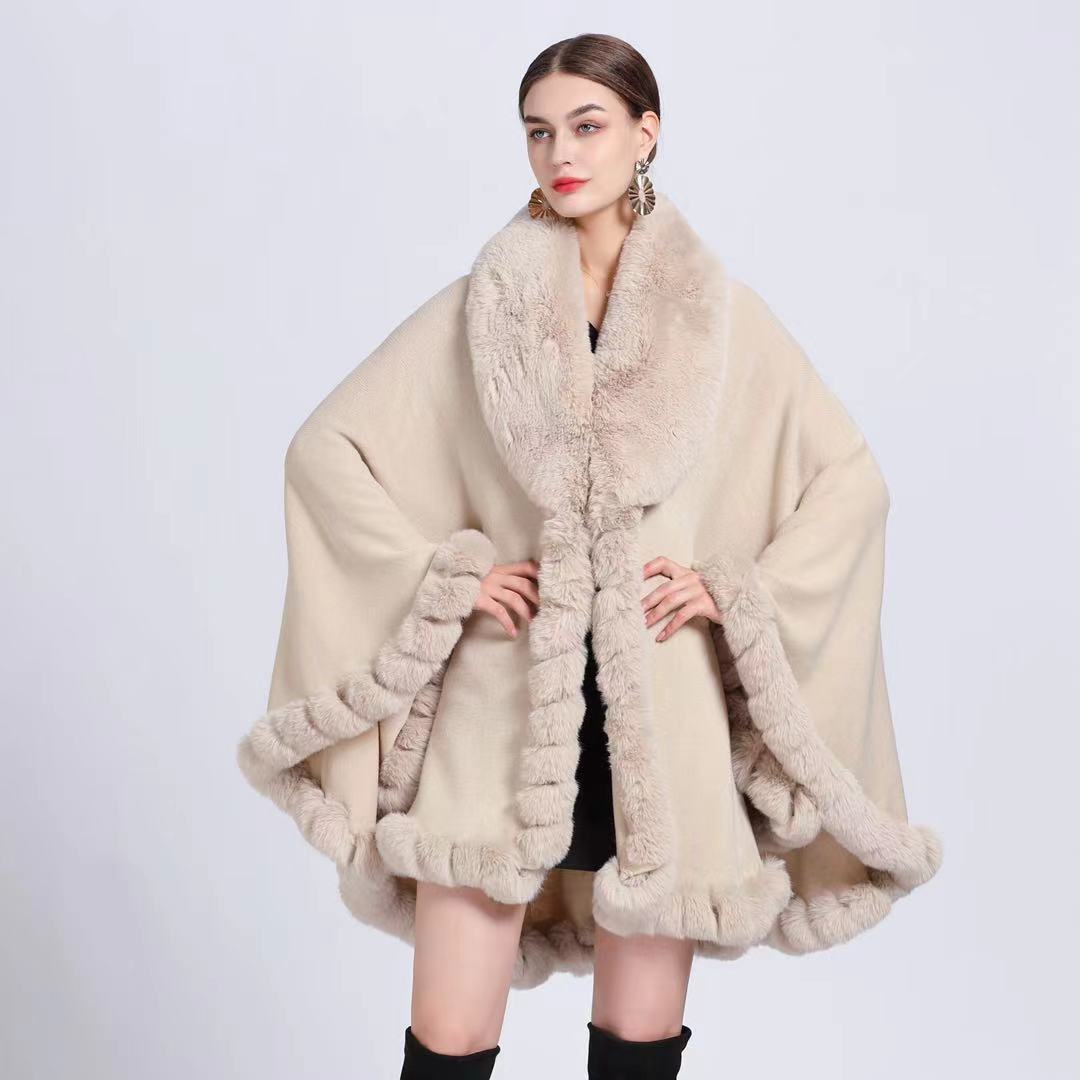 Winter Elegant V Lapel Faux Rex Rabbit Fur Coat Cape Winter Women Big Long Shawl Full Trim Fur Knit Cloak Overcoat Parka