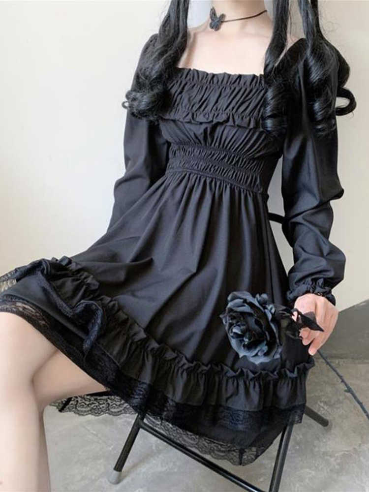 Casual Dresses Insdoit Lolita Gothic Black Corset Dress Women Vintage Lace Patchwork Ruched Eesthetic High midjeklänning Punk Party A-Line Dress G230322