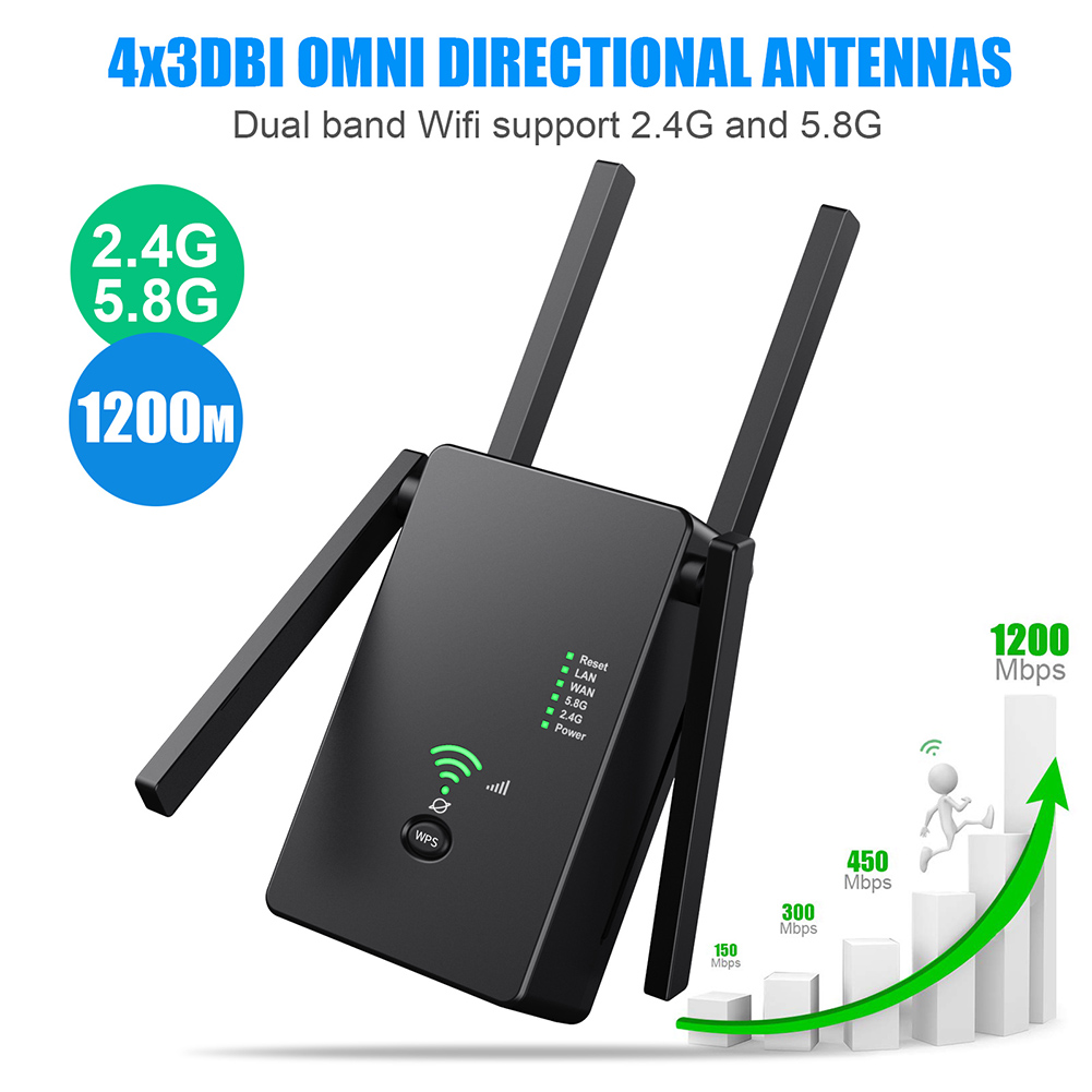 1200Mbps WiFi Repeter Band Dual Band Wireless Wireless 2,4 GHz/5,8 GHz Extender APRIGADOR DE WIFI AP ROUTER com antenas de 4pcs