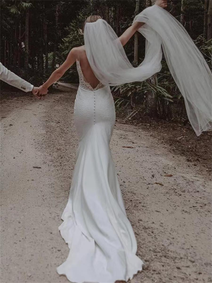 French Wedding Dress Simple White Bridal Light Style Fishtail Dress FN8236