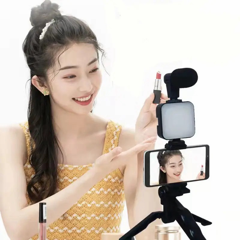 Selfie Stick Lighting Kit de montage vidéo pour trépied de téléphone Kit de vlogging KIT de microphone en streaming avec support de téléphone portable pour trépied avec emballage de vente au détail