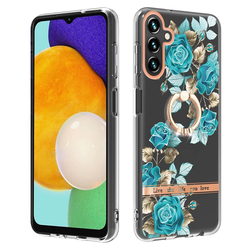 Metal Finger Ring Flower Cases For Samsung S23 Ultra S22 Plus A54 A34 A14 5G A33 A53 A73 A13 4G Plating Soft IMD TPU Chromed Clear Stylish Lace Floral Phone Holder Cover