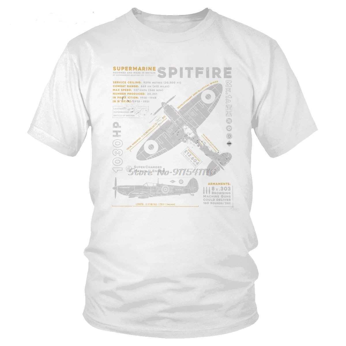 T-shirts voor heren Vintage Supermarine Spitfire Mk 1 T-shirt Men Katoen T-shirt Korte mouw Vliegtuig WW2 War Pilot Aircraft Airplane T-shirt Gift W0322