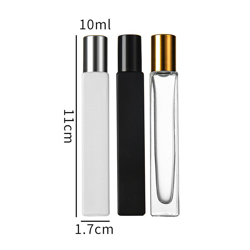 Frascos redondos vazios de vidro quadrado 10ml frasco de perfume de óleo essencial com bola de rolo de aço inoxidável fosco preto/branco