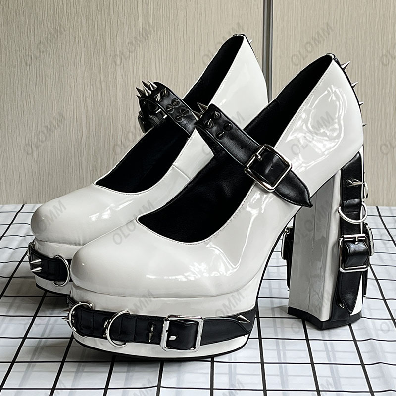 Olomm New Women Platform Pumpar Patent Student Chunky Heels Buckle Round Toe Cool Girl Grey Night Club Shoes Ladies Us Size 5-15