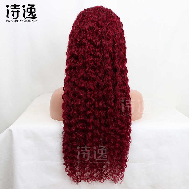 99J# Human Hair Wig Shun Hair Cap Burgundy Water Wave 13 * 4lace Front Wigs 230323