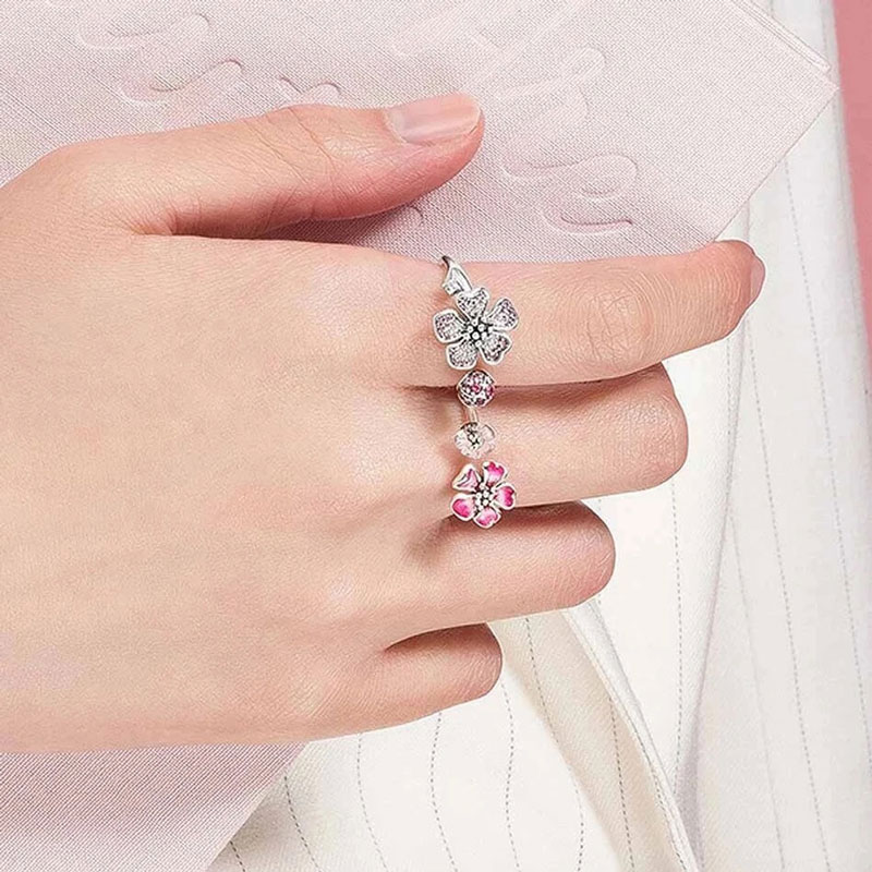 خاتم من الفضة الإسترليني عيار 925 بإصبع مزدوج خاتم أزهار الخوخ مناسب لمجوهرات باندورا خاتم الخطوبة والزفاف