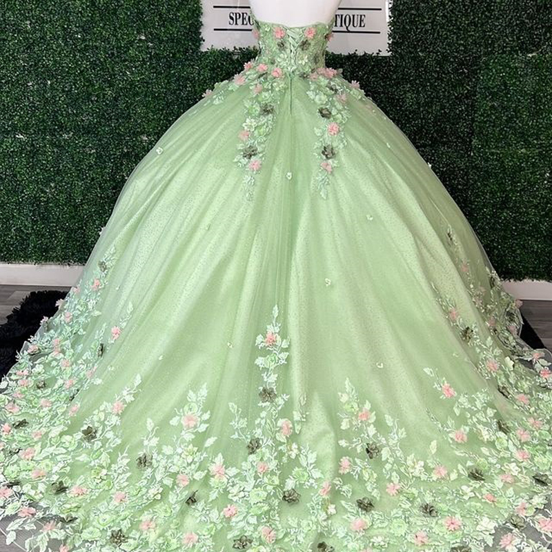 Sage Green Sexy Sweetheart 3D Flowers Apliques Lace Quinceanera vestido de baile vestido de espartilho do ombro vestidos de xv Anos